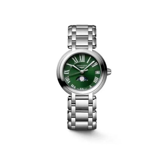 Front view of Longines PrimaLuna L8.115.4.61.6 women's watch with green sunray dial, Roman numerals, moonphase complication, and stainless steel bracelet – HEY WATCH