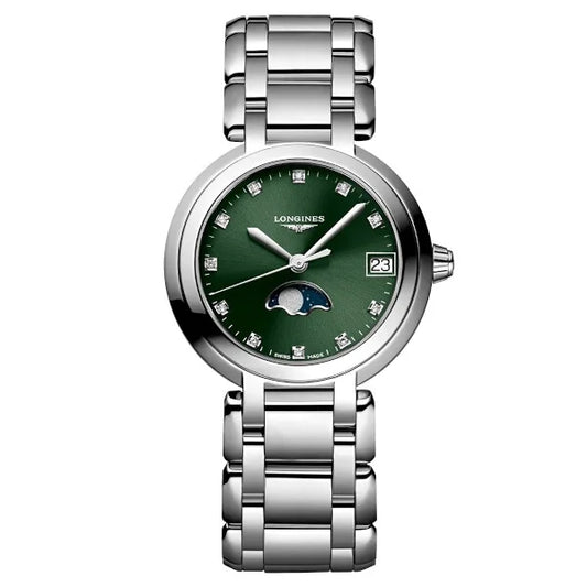 “Front view of Longines PrimaLuna L8.115.4.67.6 women’s watch with green dial, diamond hour markers, moonphase complication, and stainless steel bracelet – HEY WATCH”