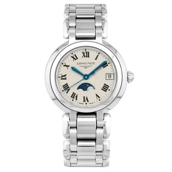 Front view of Longines PrimaLuna L8.115.4.71.6 women’s stainless steel moonphase watch with Roman numerals – HEY WATCH