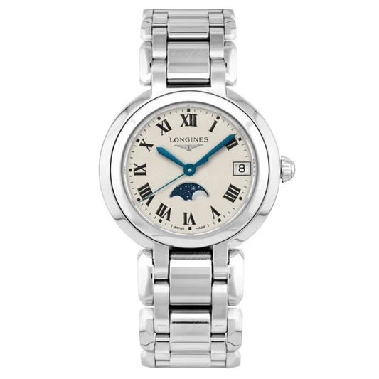 Front view of Longines PrimaLuna L8.115.4.71.6 women’s stainless steel moonphase watch with Roman numerals – HEY WATCH