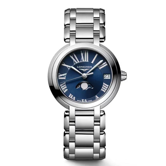 Front view of Longines PrimaLuna L8.115.4.91.6 women’s watch with blue sunray dial, Roman numeral markers, moonphase complication, and stainless steel bracelet – HEY WATCH
