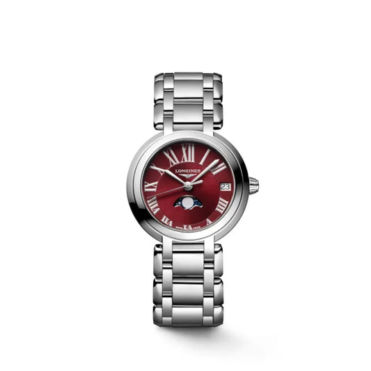 “Front view of Longines PrimaLuna L8.115.4.92.6 women’s watch with red sunray dial, Roman numeral markers, moonphase complication, and stainless steel bracelet – HEY WATCH”