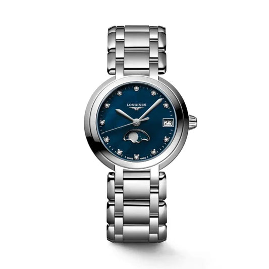 Front view of Longines PrimaLuna L8.115.4.98.6 women's watch with blue mother-of-pearl dial, moonphase, diamond markers, and stainless steel bracelet – HEY WATCH