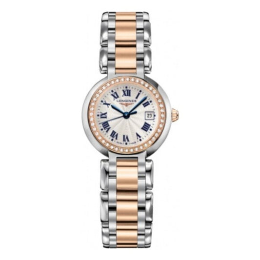 Front view of Longines PrimaLuna women's watch featuring a two-tone silver and rose gold bracelet, diamond-set bezel, and silver dial - HEY WATCH