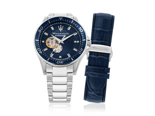 Maserati R8823140007 front view – men's automatic watch with blue guilloché dial, diamond markers, and silver stainless steel bracelet – Sfida collection by HEY WATCH.