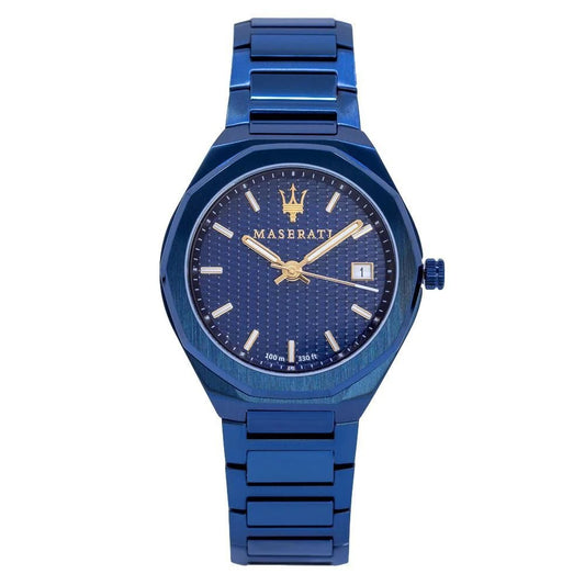 Maserati R8853141001 front view – men's quartz watch with blue guilloché dial, gold-tone markers, and blue stainless steel bracelet – Blue Edition by HEY WATCH.