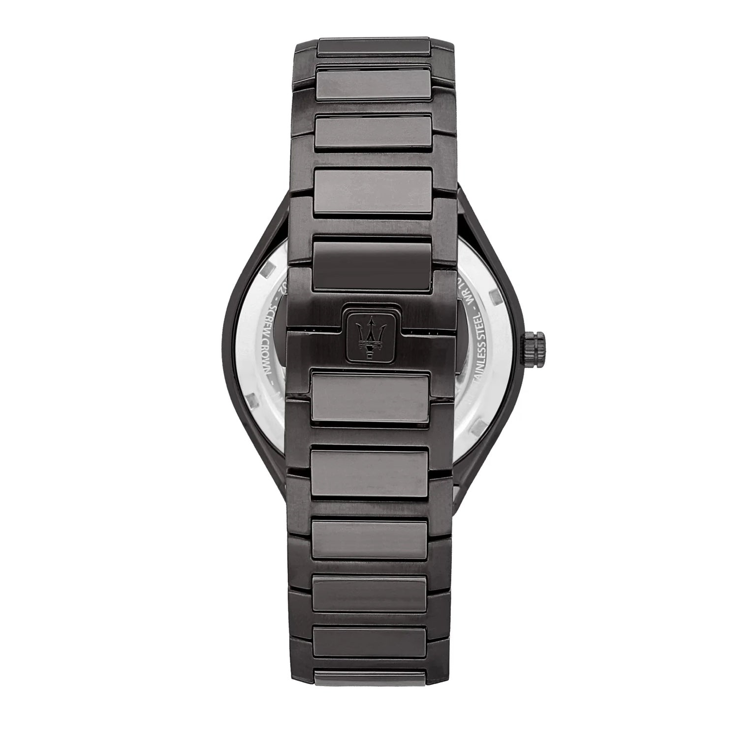 Maserati R8853142001 back view – engraved stainless steel caseback and gunmetal bracelet with deployment clasp – bold masculine design by HEY WATCH.