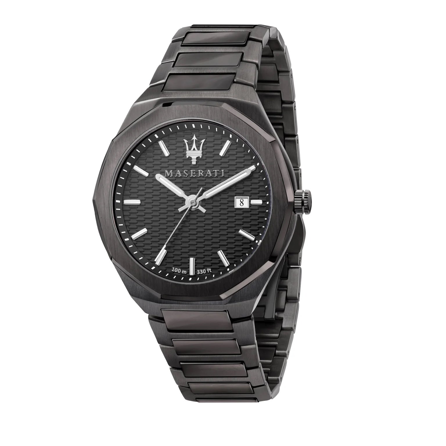 Maserati R8853142001 front view – men’s gunmetal quartz watch with black dial and stainless steel bracelet – modern Italian style by HEY WATCH.