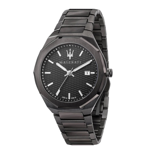 Maserati R8853142001 front view – men’s gunmetal quartz watch with black dial and stainless steel bracelet – modern Italian style by HEY WATCH.