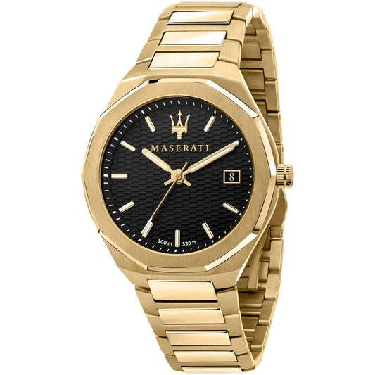 Maserati R8853142004 front view – men’s gold-tone quartz watch with black dial and stainless steel bracelet – bold Italian elegance by HEY WATCH.