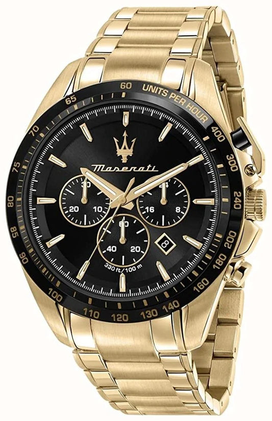Maserati R8873612041 front view – men’s chronograph watch with black dial, gold-tone case and bracelet – Italian luxury style by HEY WATCH.