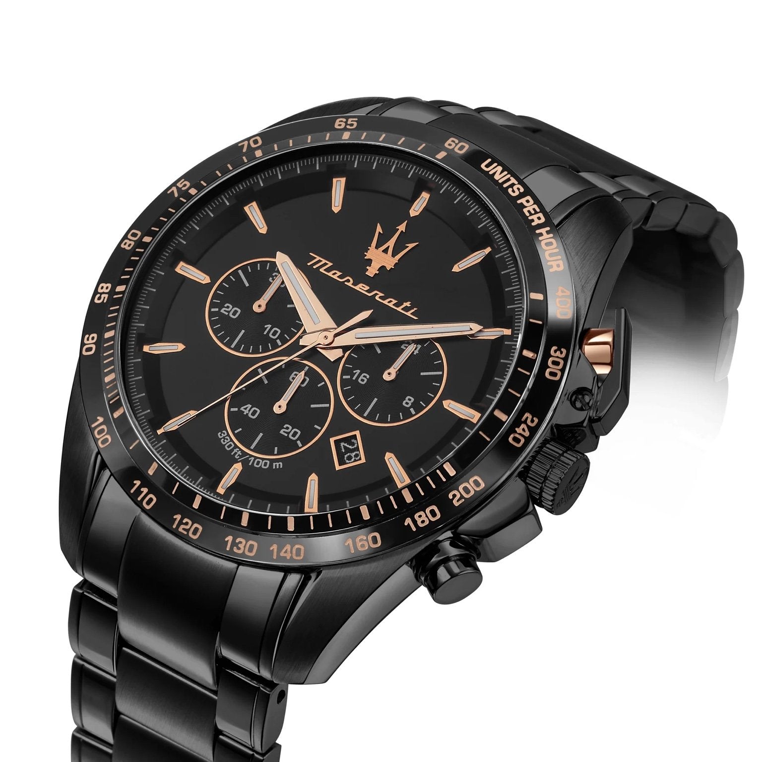 Maserati R8873612048 angled view – bold chronograph dial with rose gold details and sleek black stainless steel finish – Italian design by HEY WATCH.