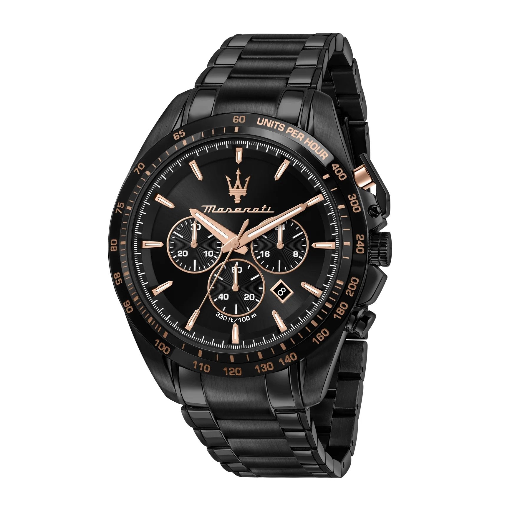 Maserati R8873612048 front view – men’s chronograph watch with black dial, rose gold accents, and black stainless steel bracelet – Traguardo series by HEY WATCH.