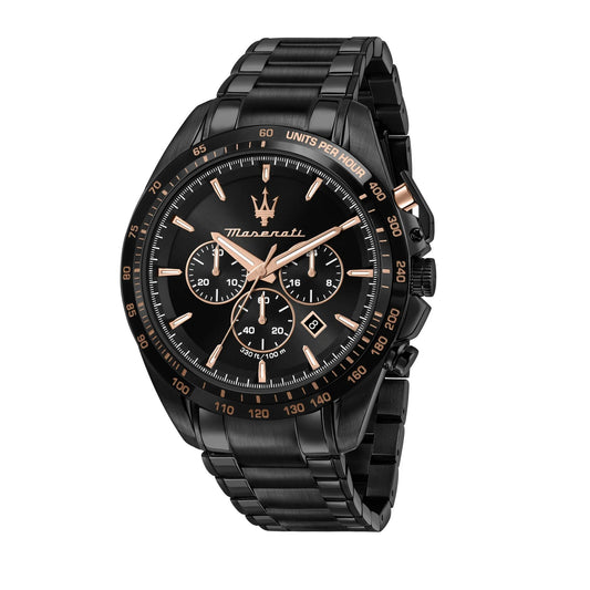 Maserati R8873612048 front view – men’s chronograph watch with black dial, rose gold accents, and black stainless steel bracelet – Traguardo series by HEY WATCH.