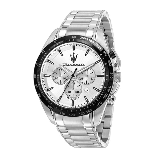 Maserati R8873612049 front view – men’s chronograph watch with silver dial, black tachymeter bezel, and stainless steel bracelet – Traguardo collection by HEY WATCH.