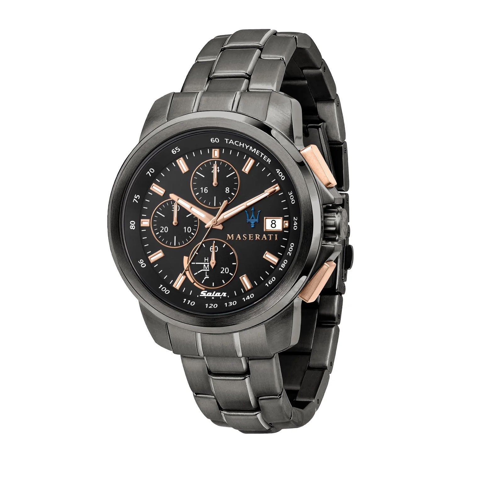 Maserati R8873645001 front view – men’s solar chronograph watch with black dial, rose gold markers, and gunmetal stainless steel bracelet – sustainable luxury by HEY WATCH.