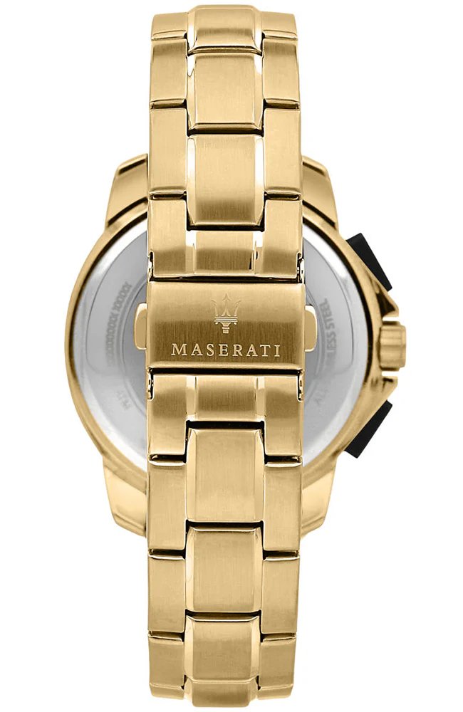 Maserati R8873645002 back view – engraved stainless steel caseback and gold-tone bracelet with deployment clasp – premium craftsmanship by HEY WATCH.