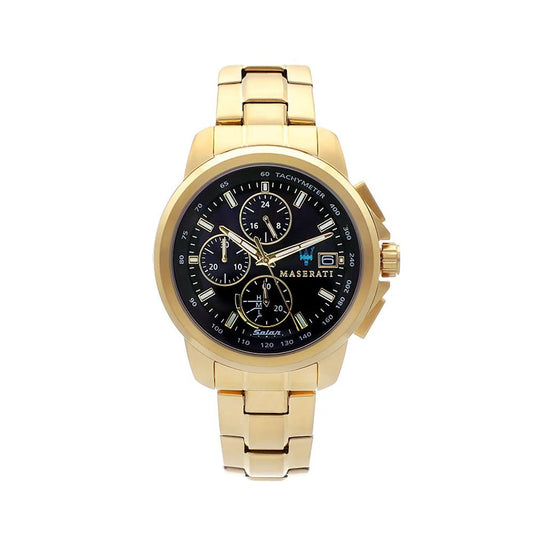 Maserati R8873645002 front view – men’s solar chronograph watch with black dial, gold-tone subdials and gold stainless steel bracelet – bold luxury by HEY WATCH.
