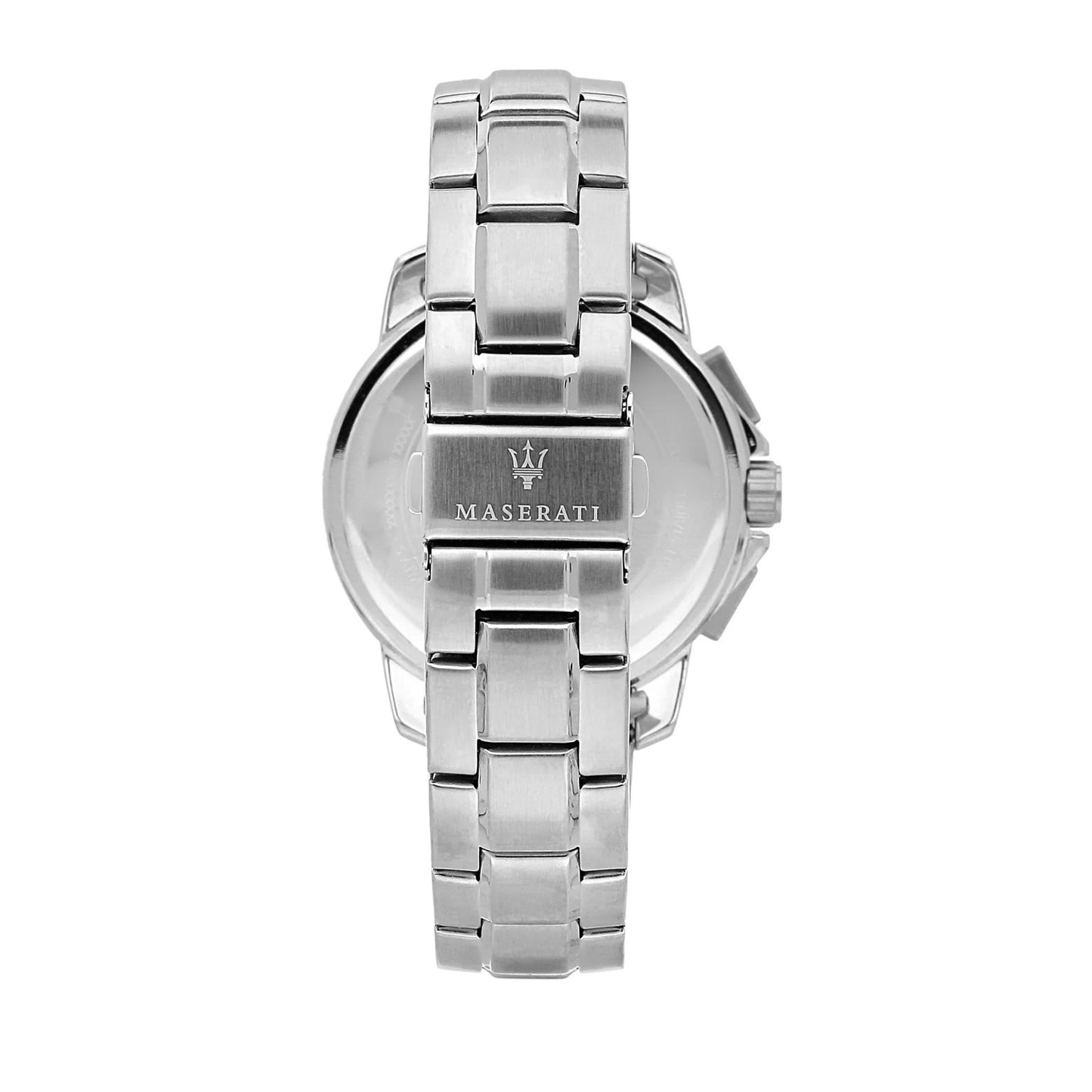 Maserati R8873645004 back view – engraved stainless steel caseback with solar details and silver bracelet – refined craftsmanship by HEY WATCH.