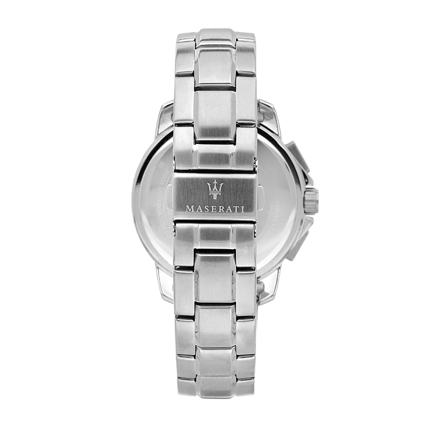 Maserati R8873645004 back view – engraved stainless steel caseback with solar details and silver bracelet – refined craftsmanship by HEY WATCH.