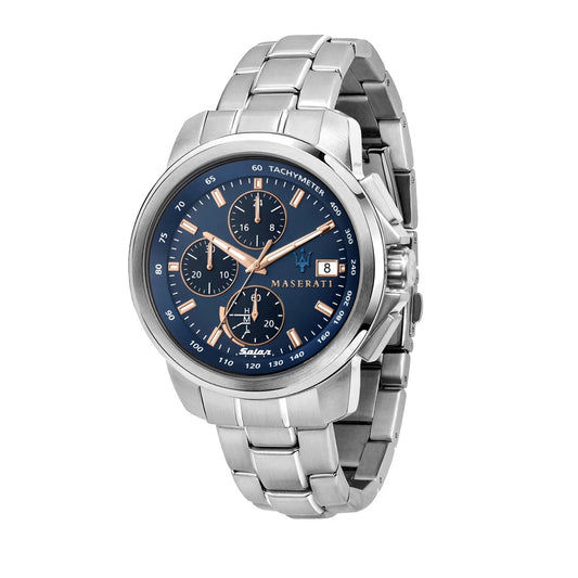 Maserati R8873645004 front view – men’s solar chronograph watch with blue dial, rose gold accents, and silver stainless steel bracelet – sustainable Italian elegance by HEY WATCH.