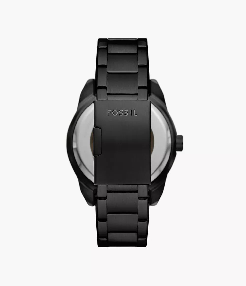 Fossil ME3256 back view – engraved caseback and black stainless steel bracelet with deployment clasp – premium craftsmanship by HEY WATCH.