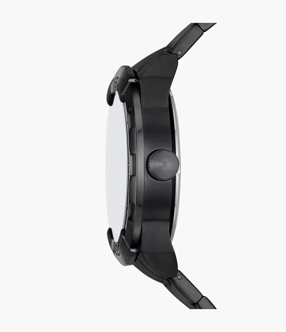 Fossil ME3256 side profile – sleek black stainless steel case with textured crown and 13.2mm thickness – refined men’s timepiece available at HEY WATCH.