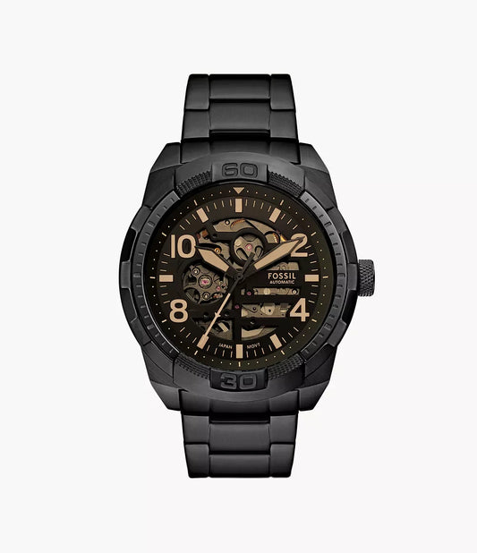 Fossil ME3256 men’s watch front view – 48mm black stainless steel case with black satin dial, showcasing automatic movement and three-hand analog display – elegant design by HEY WATCH. 