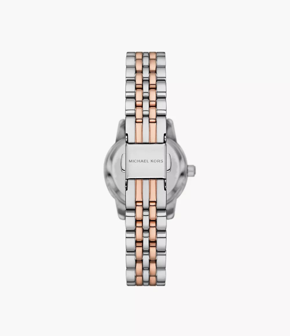 Michael Kors MK4817SET back view – engraved stainless steel caseback and two-tone bracelet with fold-over clasp – premium women’s watch by HEY WATCH.