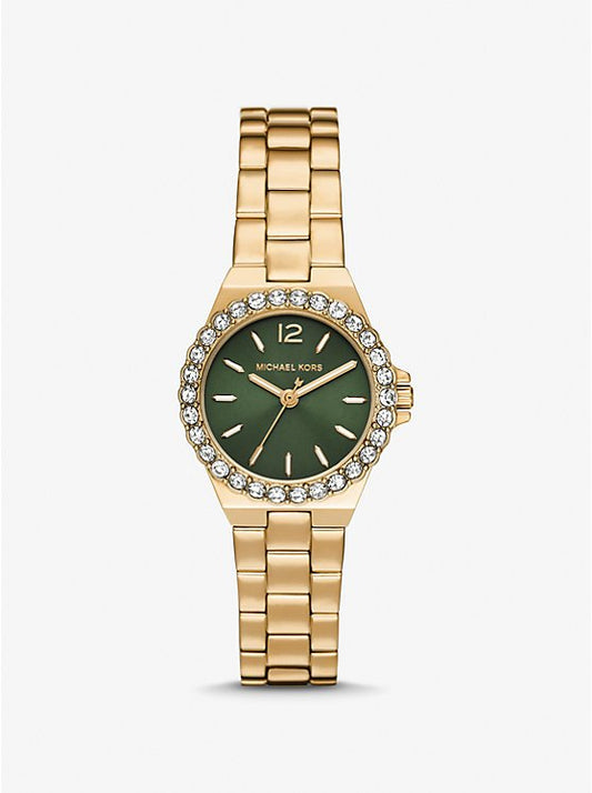 Michael Kors MK7395 front view – women's gold-tone watch with green sunray dial and pavé crystal bezel – Mini Lennox collection by HEY WATCH.