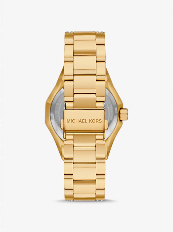 Michael Kors MK7398 back view – polished gold-tone bracelet and stainless steel caseback – refined Michael Kors design for women at HEY WATCH.