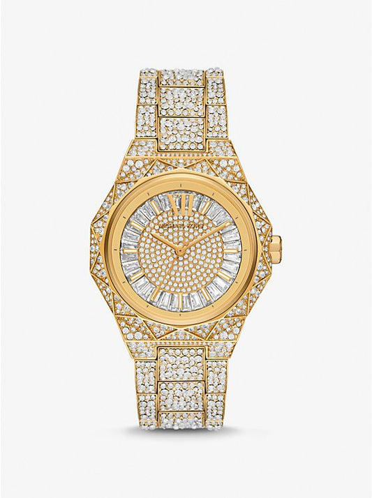 Michael Kors MK7398 front view – women’s oversized gold-tone watch with crystal-paved dial and elegant round case – Raquel Pavé collection at HEY WATCH.