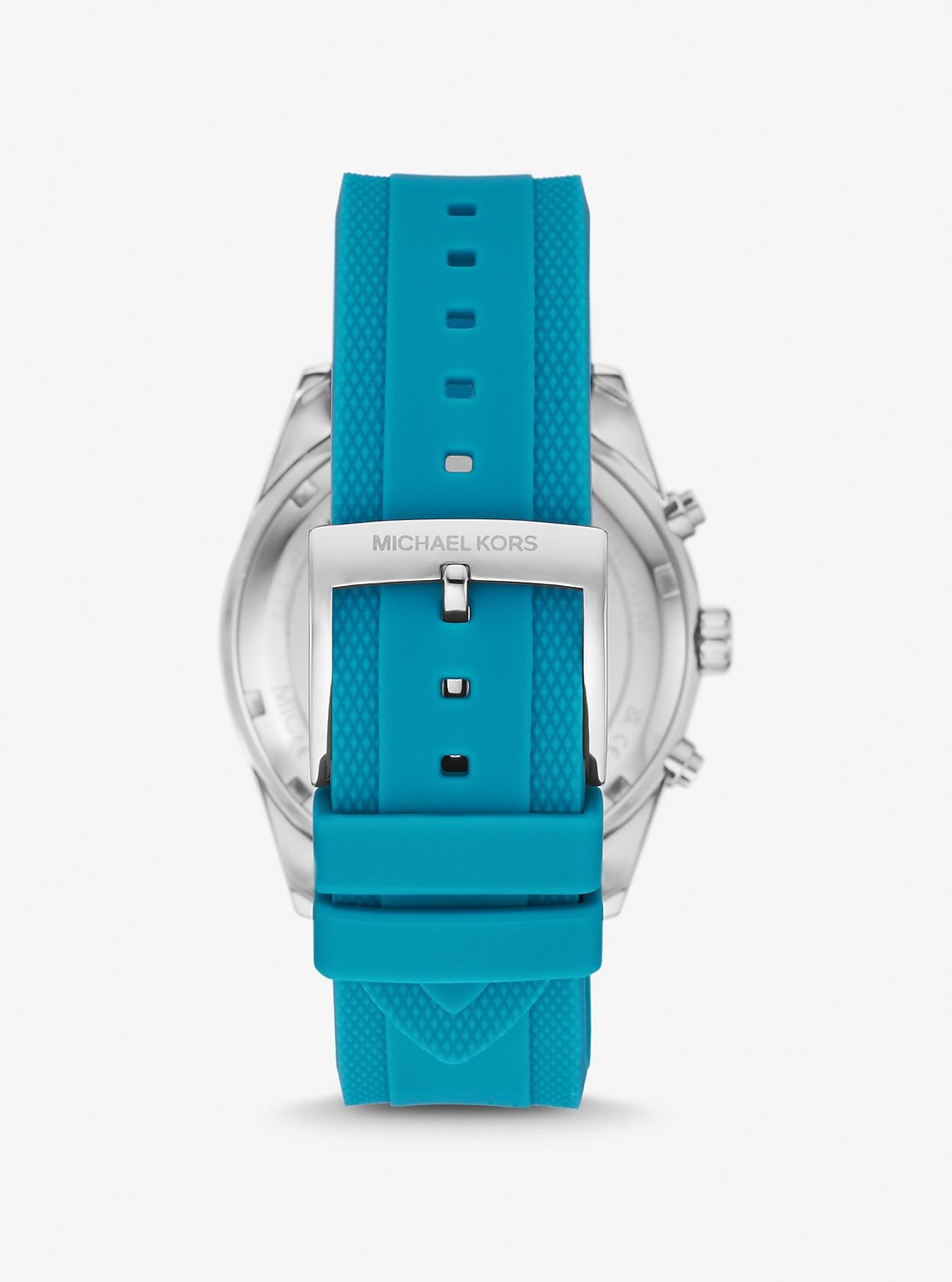 Michael Kors MK7485 back view – engraved stainless steel caseback and blue silicone strap with buckle closure – comfortable sporty chronograph by HEY WATCH.