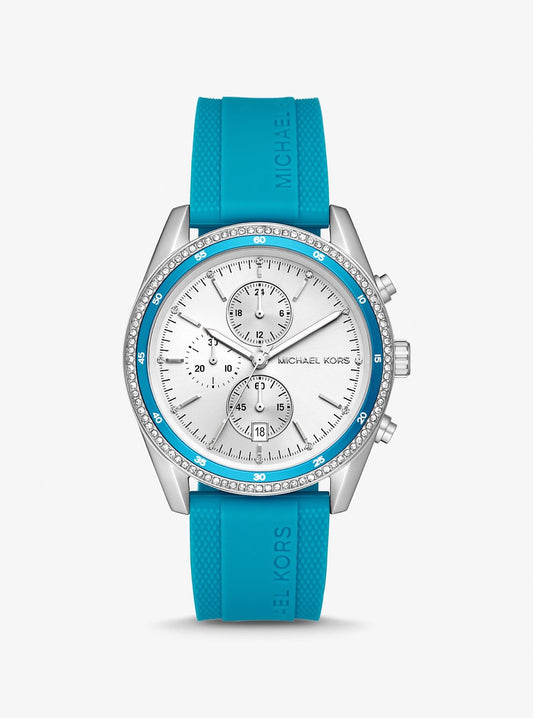 Michael Kors MK7485 front view – women’s chronograph watch with silver dial and Santorini blue silicone strap – sporty and elegant design by HEY WATCH.
