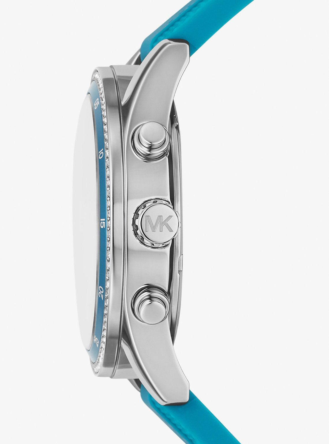 Michael Kors MK7485 side view – silver-tone stainless steel case with chronograph pushers and smooth silicone strap – casual women’s timepiece by HEY WATCH.