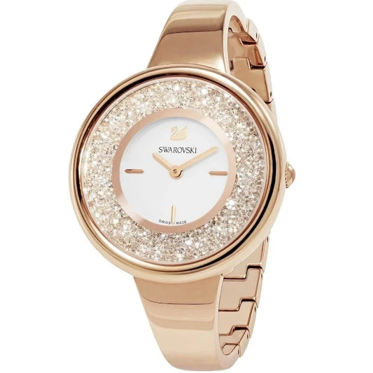 Swarovski 5269250 women's watch with rose gold-tone metal bracelet, white dial, and crystal dust bezel – Swiss Made timepiece available at HEY WATCH.