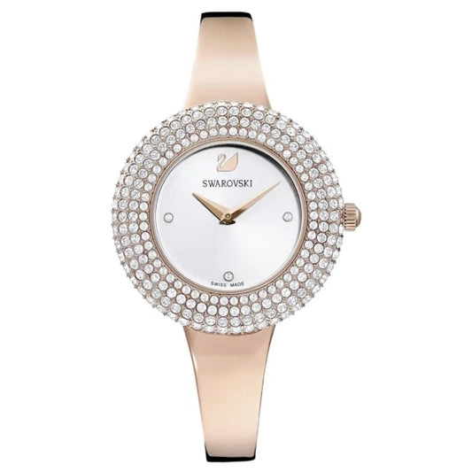 Swarovski 5484073 women's watch with rose gold-tone bracelet and case, minimalist white dial, and double row crystal pavé bezel – Swiss Made, at HEY WATCH.