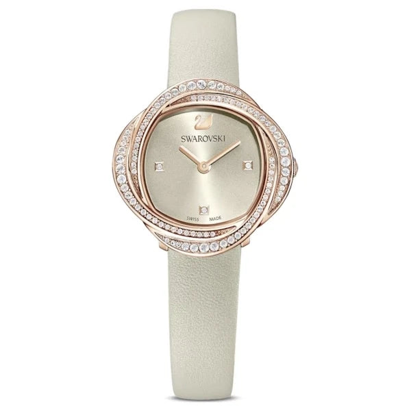 Swarovski 5552424 women's watch with white leather strap, rose gold-tone case, champagne dial and unique crystal spiral bezel – Swiss Made, available at HEY WATCH.