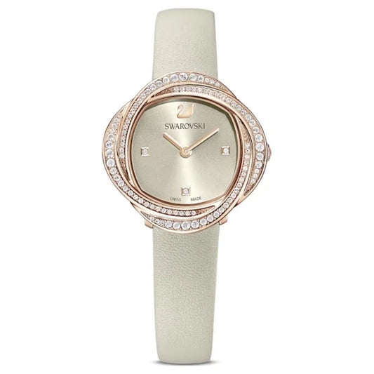 Swarovski 5552424 women's watch with white leather strap, rose gold-tone case, champagne dial and unique crystal spiral bezel – Swiss Made, available at HEY WATCH.