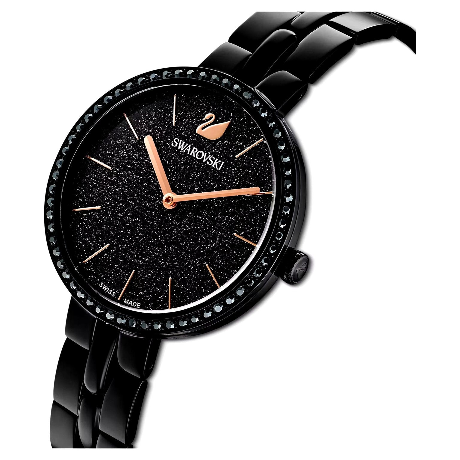 Swarovski Cosmopolitan women's watch angled view – sleek case, round dial, and crystal pavé bezel – Swiss Made precision by HEY WATCH.
