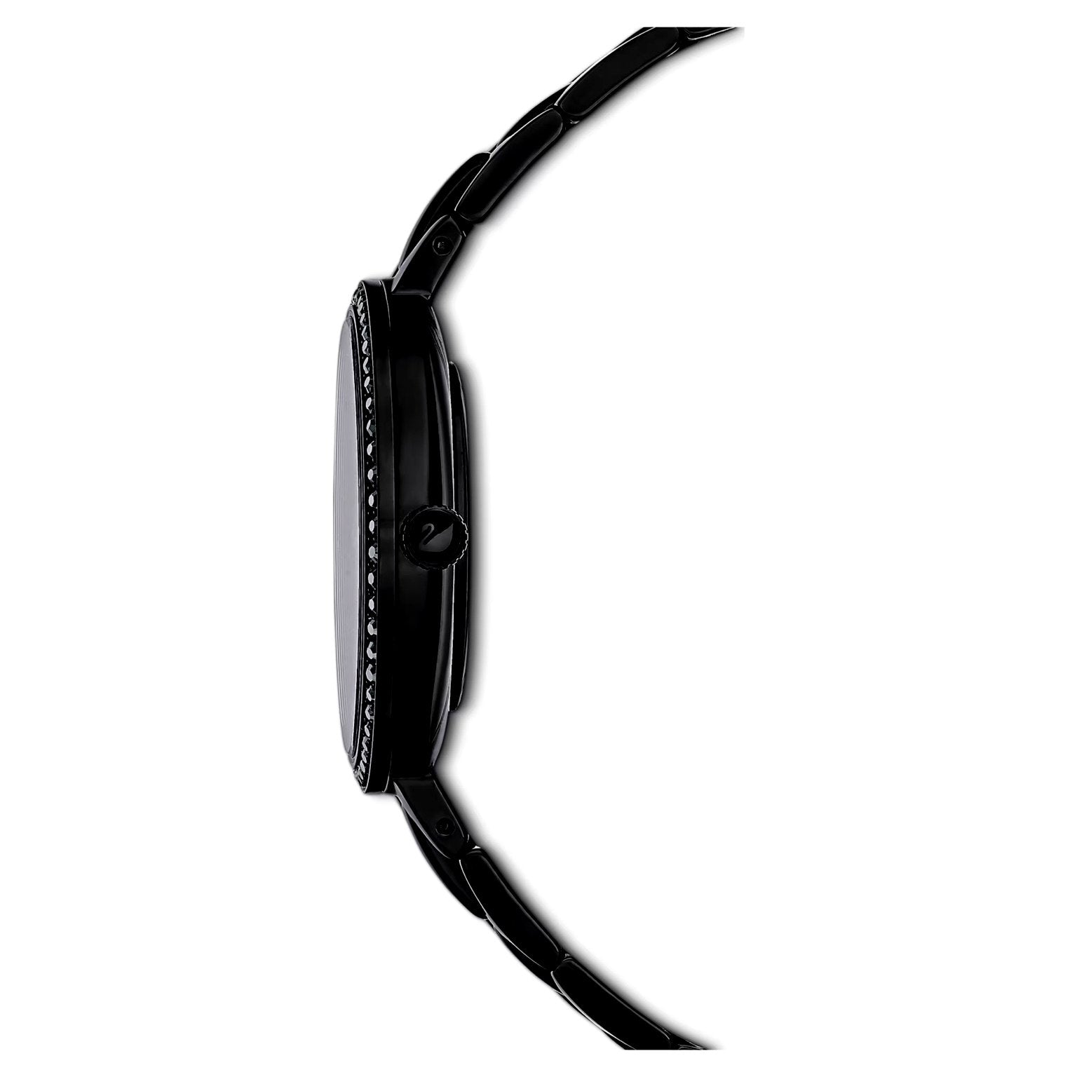 Swarovski Cosmopolitan watch side profile – slim case with gold-tone crown and crystal-set bezel – Swiss craftsmanship presented by HEY WATCH.