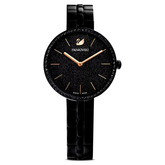 Swarovski Cosmopolitan women’s watch front view – minimalist silver-tone dial with crystal index markers and metal bracelet – Swiss Made elegance by HEY WATCH.