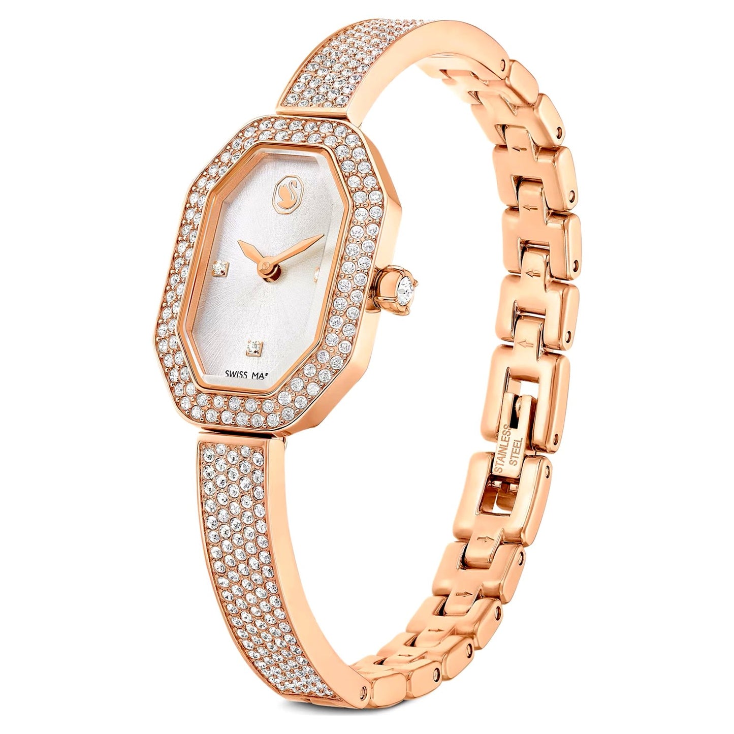 Swarovski Dextera Lux angled view – crystallized case and polished stainless steel bracelet – luxurious and modern women’s Swiss watch by HEY WATCH.