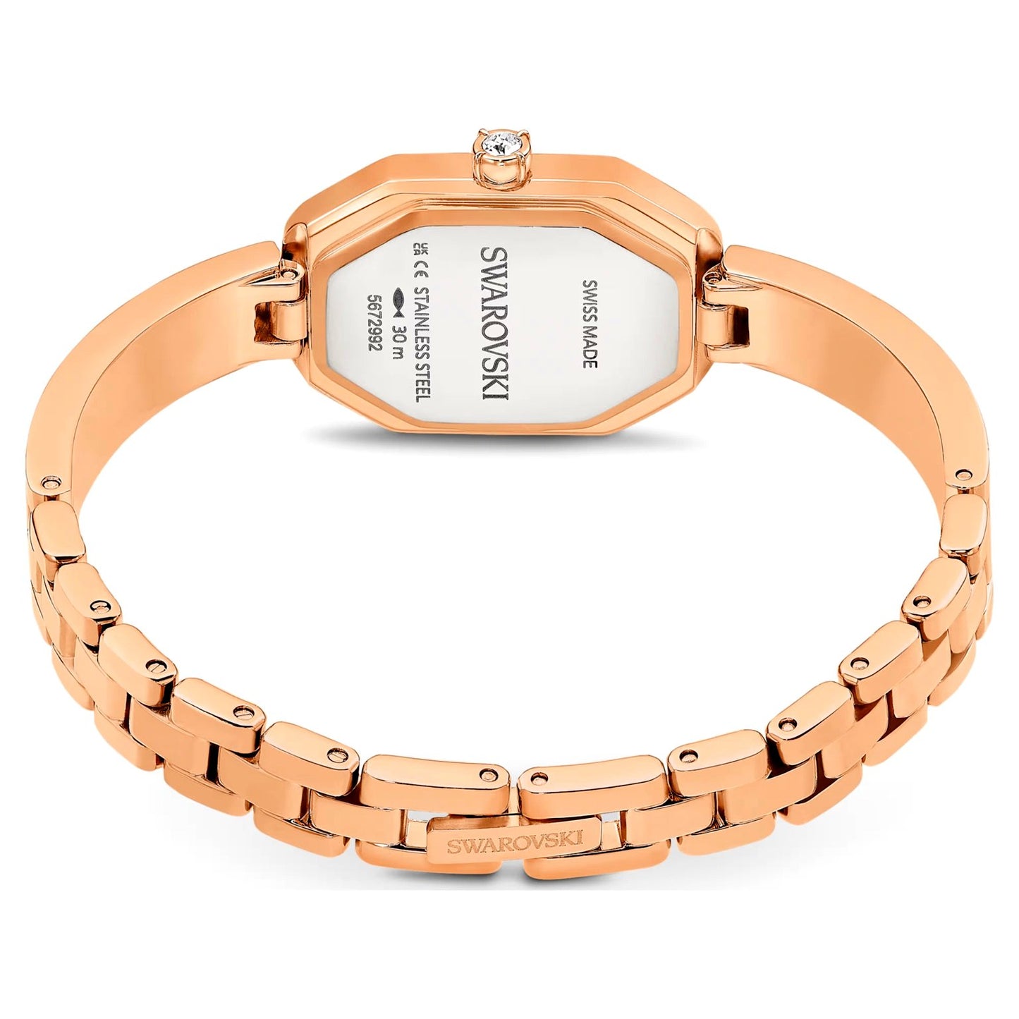 Swarovski Dextera Lux back view – stainless steel caseback with engraved details – premium Swiss-made women’s watch by HEY WATCH.