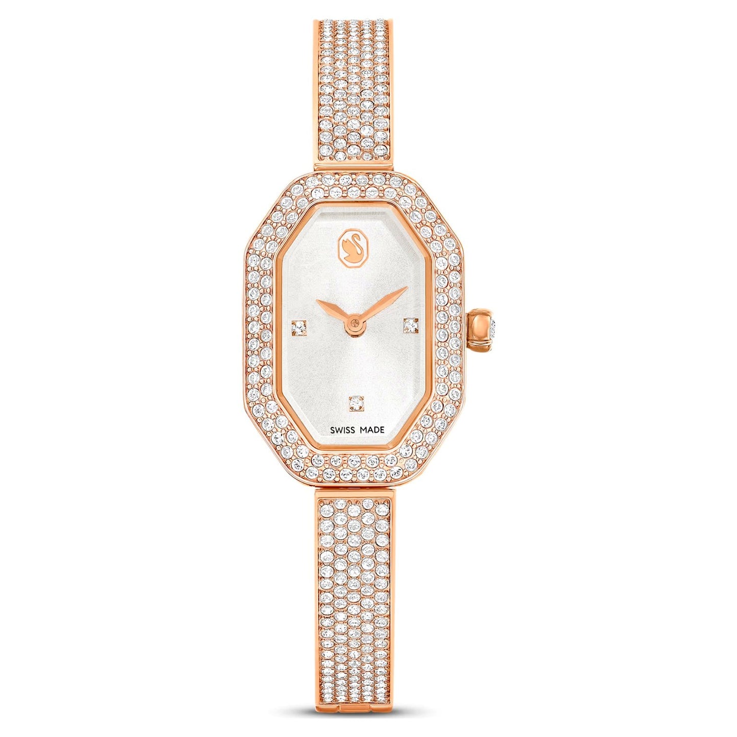 Swarovski Dextera Lux front view – silver-tone women’s Swiss chronograph watch with crystal-encrusted dial and bracelet – elegant sparkle by HEY WATCH.