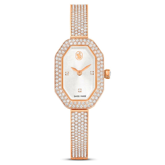 Swarovski Dextera Lux front view – silver-tone women’s Swiss chronograph watch with crystal-encrusted dial and bracelet – elegant sparkle by HEY WATCH.