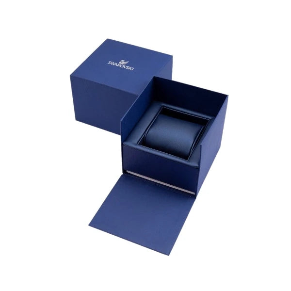 Original Swarovski blue watch box included with the Swarovski 5242901 women's crystal bezel watch – Secure Swiss packaging by HEY WATCH.