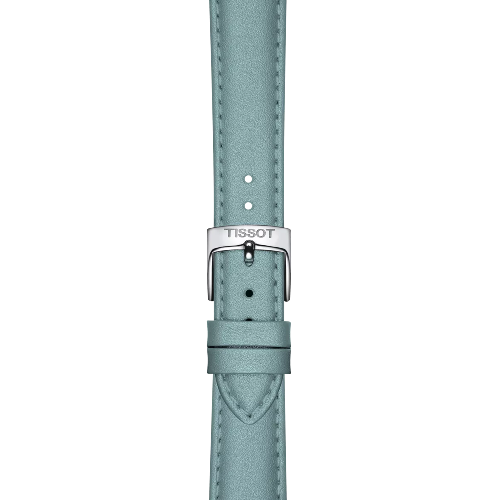 Tissot Bellissima Small Lady Moonphase clasp view – classic stainless steel buckle on light blue leather strap – Swiss luxury by HEYWATCH