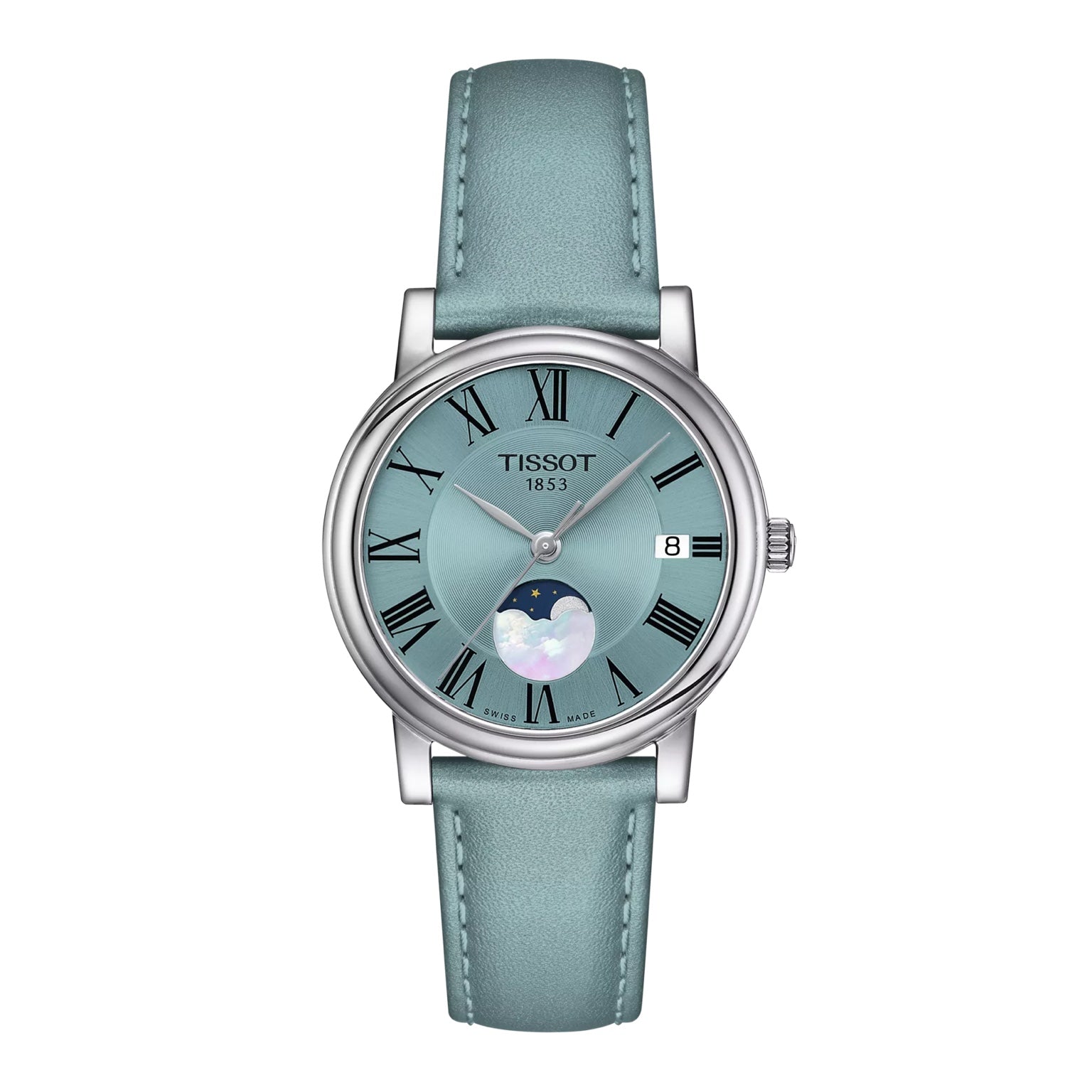 Tissot Bellissima Small Lady Moonphase front view – women’s Swiss quartz watch with white mother-of-pearl dial and moonphase display – HEYWATCH.