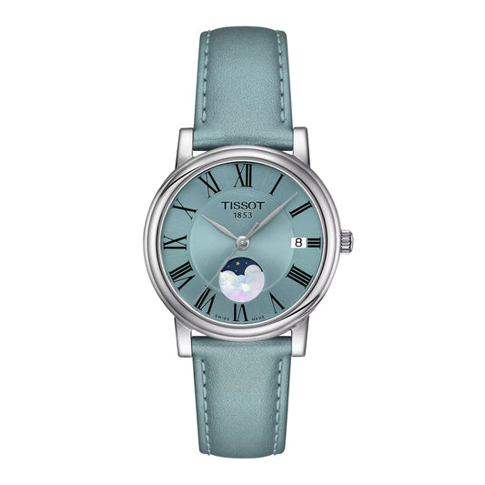 Tissot Bellissima Small Lady Moonphase front view – women’s Swiss quartz watch with white mother-of-pearl dial and moonphase display – HEYWATCH.